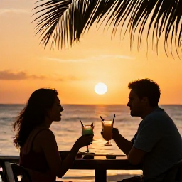 Caribbean Holidays, October Cura&ccedil;ao, A couple enjoying a sunset drink at a Cura&ccedil;ao beach bar, with palm silhouettes, calm sea and warm golden October light