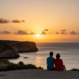 Caribbean Holidays, October Curacao, Couple watching the sunset from a quiet viewpoint on Cura&ccedil;ao, with rugged coastline and warm evening light
