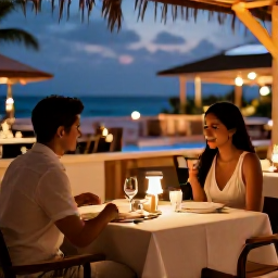 Caribbean Holidays, October Curacao, Romantic outdoor dinner for two at a stylish Cura&ccedil;ao restaurant, with soft lighting and Caribbean atmosphere