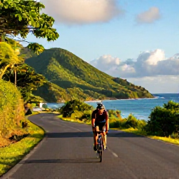 Caribbean Holidays, October Cycling, A cyclist riding along a quiet tropical coastal road on Saint Vincent, with green hills, blue sea and warm October sunlight