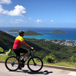 Caribbean Holidays, October Cycling, A cyclist stopping at a scenic viewpoint overlooking rainforest, coastline and scattered Caribbean islands in Saint Vincent and the Grenadines