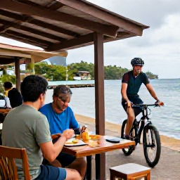 Caribbean Holidays, October Cycling, A friendly cyclist enjoying a relaxed lunch at a small Caribbean caf&eacute; near the waterfront in Saint Vincent and the Grenadines