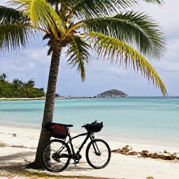 Caribbean Holidays, October Cycling, A touring bicycle beside a palm-fringed beach on Bequia, with calm turquoise water and a small island harbour in the background