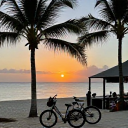Caribbean Holidays, October Cycling, Bicycles parked beside a relaxed Cura&ccedil;ao beach caf&eacute; at sunset, palm trees and calm Caribbean sea