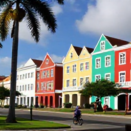 Caribbean Holidays, October Cycling, Colourful historic buildings in Willemstad viewed from a bicycle, bright Caribbean light and palm trees