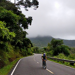 Caribbean Holidays, October Cycling, Cyclist climbing a scenic road through the misty Blue Mountains near Kingston, Jamaica