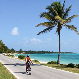 Caribbean Holidays, October Cycling, Cyclist on a quiet coastal road beside turquoise water and palm trees in Jamaica