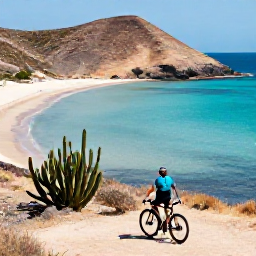 Caribbean Holidays, October Cycling, Cyclist stopping at a viewpoint above a secluded Cura&ccedil;ao beach, dry hills, cactus and clear blue water