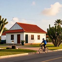 Caribbean Holidays, October Cycling, Cyclist visiting a traditional plantation house and cactus landscape in Cura&ccedil;ao, warm afternoon light