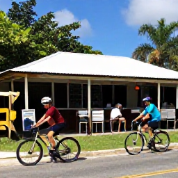 Caribbean Holidays, October Cycling, Friendly cyclists relaxing at a Jamaican roadside caf&eacute; after a scenic ride
