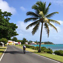 Caribbean Holidays, October Cycling Holidays, Cyclist on a quiet coastal road in Tobago, passing palm trees, turquoise sea and colourful Caribbean villages