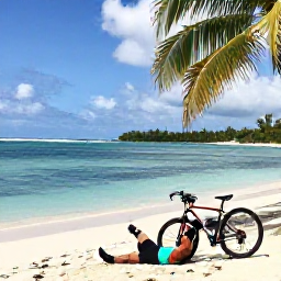 Caribbean Holidays, October Cycling Holidays, Cyclist relaxing on a Caribbean beach in Tobago after a ride, with bicycle nearby, calm turquoise water and palm trees
