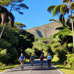 Caribbean Holidays, October Cycling Holidays, Early morning cycling group beside rainforest and mountain roads in Trinidad, with helmets, tropical vegetation and clear blue sky
