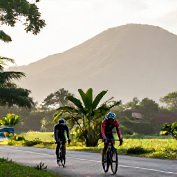 Caribbean Holidays, October Cycling Holidays, Road cyclist riding through lush tropical countryside in Trinidad during October, with mountain scenery and soft morning light