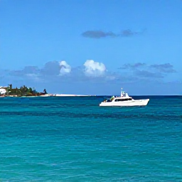Caribbean Holidays, October Diving, A dive boat travelling across turquoise water beside the coastline of Saint Martin and Sint Maarten on a sunny October day