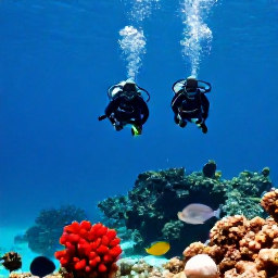 Caribbean Holidays, October Diving, Divers descending beside a sheltered reef near Saint Martin, with tropical fish and bright coral visible in the blue water