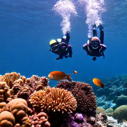 Caribbean Holidays, October Diving, Divers swimming above a healthy coral reef with tropical fish near Montego Bay, Jamaica