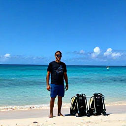 Caribbean Holidays, October Diving, Friendly Jamaican dive guide preparing scuba equipment beside a tropical beach