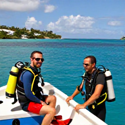 Caribbean Holidays, October Diving, Friendly scuba divers relaxing beside a small boat after a reef dive, with the tropical coastline of Saint Martin in the background