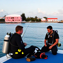 Caribbean Holidays, October Diving, Friendly scuba diving boat leaving Bermuda harbour at dawn, divers preparing equipment with pink pastel buildings in the background