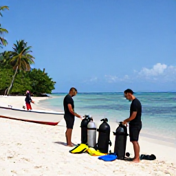 Caribbean Holidays, October Diving, Friendly Tobago dive instructors preparing equipment beside a tropical beach, with tanks, fins and a small boat nearby