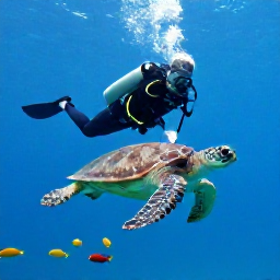 Caribbean Holidays, October Diving, Jamaican scuba diver observing a sea turtle and colourful fish on a reef