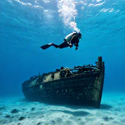 Caribbean Holidays, October Diving, Scuba diver swimming above a historic shipwreck on the sandy seabed near Bermuda, sunlight filtering through clear water
