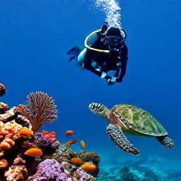 Caribbean Holidays, October Diving, Scuba diver swimming above a vibrant reef with tropical fish, sea fans and a green sea turtle in Tobago