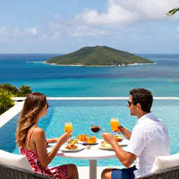 Caribbean Holidays, October Escapes, A couple enjoying a quiet breakfast beside an infinity pool overlooking tropical islands in the British Virgin Islands