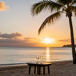 Caribbean Holidays, October Escapes, A quiet British Virgin Islands beach at sunset, with palm trees, calm sea and two glasses of sparkling wine on a small table