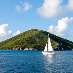 Caribbean Holidays, October Escapes, A small sailing boat cruising between the dramatic green islands of the British Virgin Islands under a bright Caribbean sky