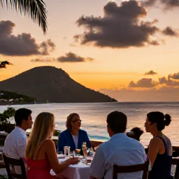 Caribbean Holidays, October Escapes, Adults dining outdoors at a relaxed Caribbean restaurant at sunset, with island hills and sea in the background