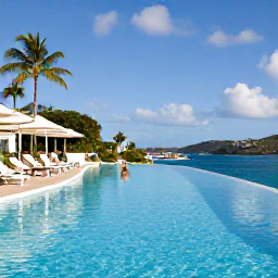 Caribbean Holidays, October Escapes, Adults relaxing beside an infinity pool at a quiet Caribbean resort in the United States Virgin Islands, bright October sunshine