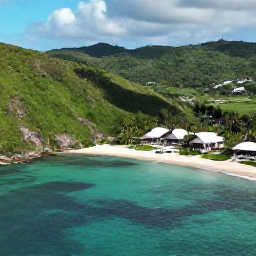 Caribbean Holidays, October Escapes, Aerial view of Tobago coastline with turquoise sea, green hills and a tranquil adults-only resort, representing an October Caribbean holiday