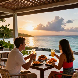 Caribbean Holidays, October Escapes, Couple enjoying a stylish open-air restaurant at an adults-only Caribbean resort, with local seafood, tropical drinks and a sunset view over the Grenadine sea
