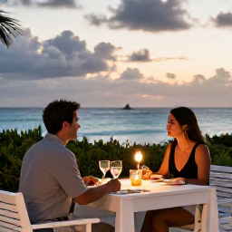 Caribbean Holidays, October Escapes, Couple enjoying an elegant al fresco dinner at an adults-only Caribbean resort in Turks and Caicos at sunset