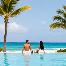 Caribbean Holidays, October Escapes, Couple relaxing beside an infinity pool at an adults-only Caribbean resort with palm trees and ocean views