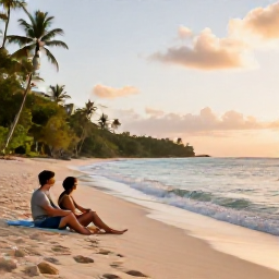 Caribbean Holidays, October Escapes, Couple relaxing on a quiet sandy beach in Tobago, with gentle waves, tropical greenery and a warm October sunset