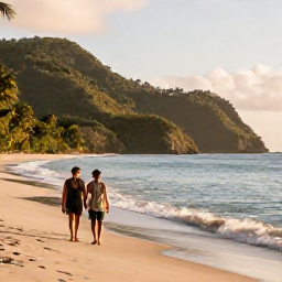 Caribbean Holidays, October Escapes, Couple walking along a quiet tropical beach in Saint Vincent and the Grenadines in October, with gentle waves, lush hills and soft late-afternoon light