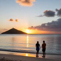 Caribbean Holidays, October Escapes, Couple watching a colourful sunset from a quiet Saint Kitts beach in October
