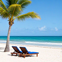 Caribbean Holidays, October Escapes, Quiet white-sand Caribbean beach with turquoise water, palm trees and two sun loungers on an October morning