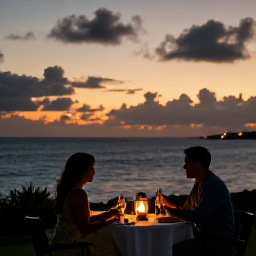 Caribbean Holidays, October Escapes, Romantic Bermuda evening with a couple dining outdoors beside the ocean, warm lantern light and sunset sky