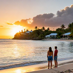 Caribbean Holidays, October Escapes, Romantic sunset over a tranquil adults-only resort and tropical beach in Saint Vincent and the Grenadines, with a couple watching from the shore