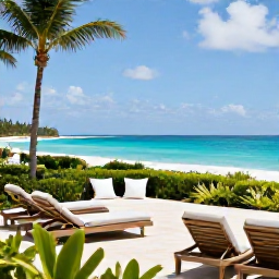 Caribbean Holidays, October Escapes, Stylish adults-only Bermuda resort terrace with loungers, tropical gardens and ocean views in October