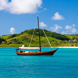 Caribbean Holidays, October Escapes, Traditional wooden sailing boat cruising between the green islands of the Grenadines, viewed from clear blue water under a bright October sky