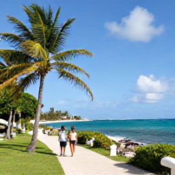 Caribbean Holidays, October Escapes, Tropical Turks and Caicos landscape with palm trees, turquoise sea and a couple exploring a quiet coastal path in October