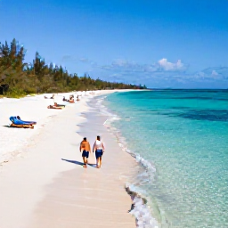 Caribbean Holidays, October Escapes, Wide white-sand Grace Bay Beach in October with clear shallow turquoise water, couples walking and comfortable sunbeds