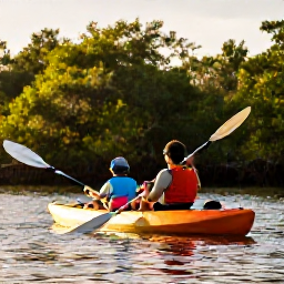 Caribbean Holidays, October Family Holidays, A family exploring the mangroves of Turks and Caicos by kayak in warm afternoon light