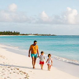 Caribbean Holidays, October Family Holidays, A family walking along a bright white beach beside calm turquoise water in Turks and Caicos on a warm October morning