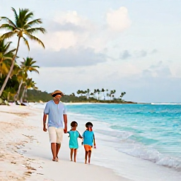 Caribbean Holidays, October Family Holidays, A happy family walking along a bright Caribbean beach in October, turquoise sea, soft morning light, palm trees and relaxed holiday atmosphere